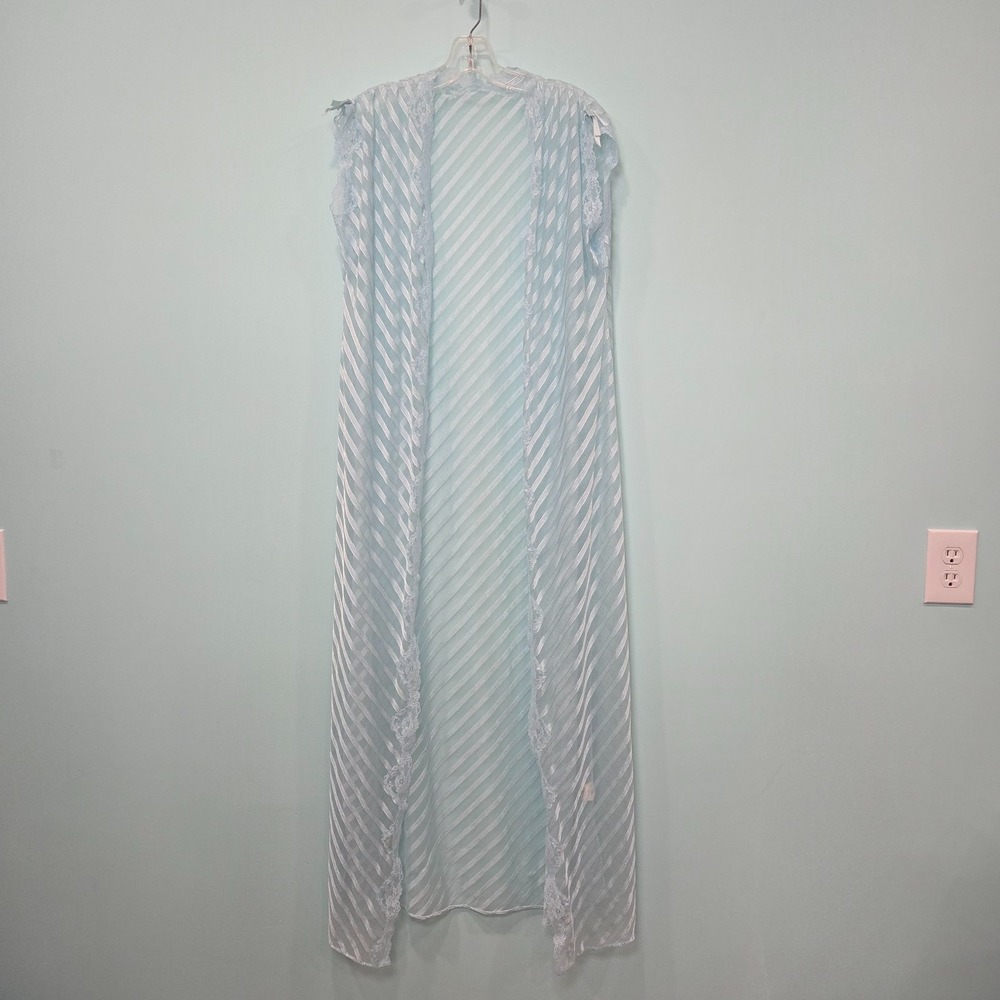 VTG 70s Montgomery Ward Lingerie Robe Light Blue Sheer Stripe Lace Bow Coquette‎